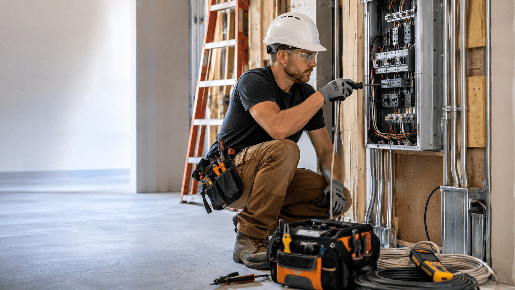An electrician working near an electrical panel with tools nearby