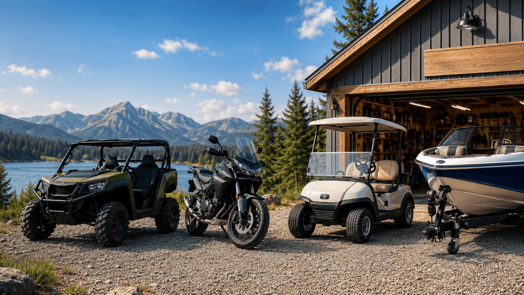 A side-by-side utility vehicle, motorcycle, and golf cart parked near a garage
